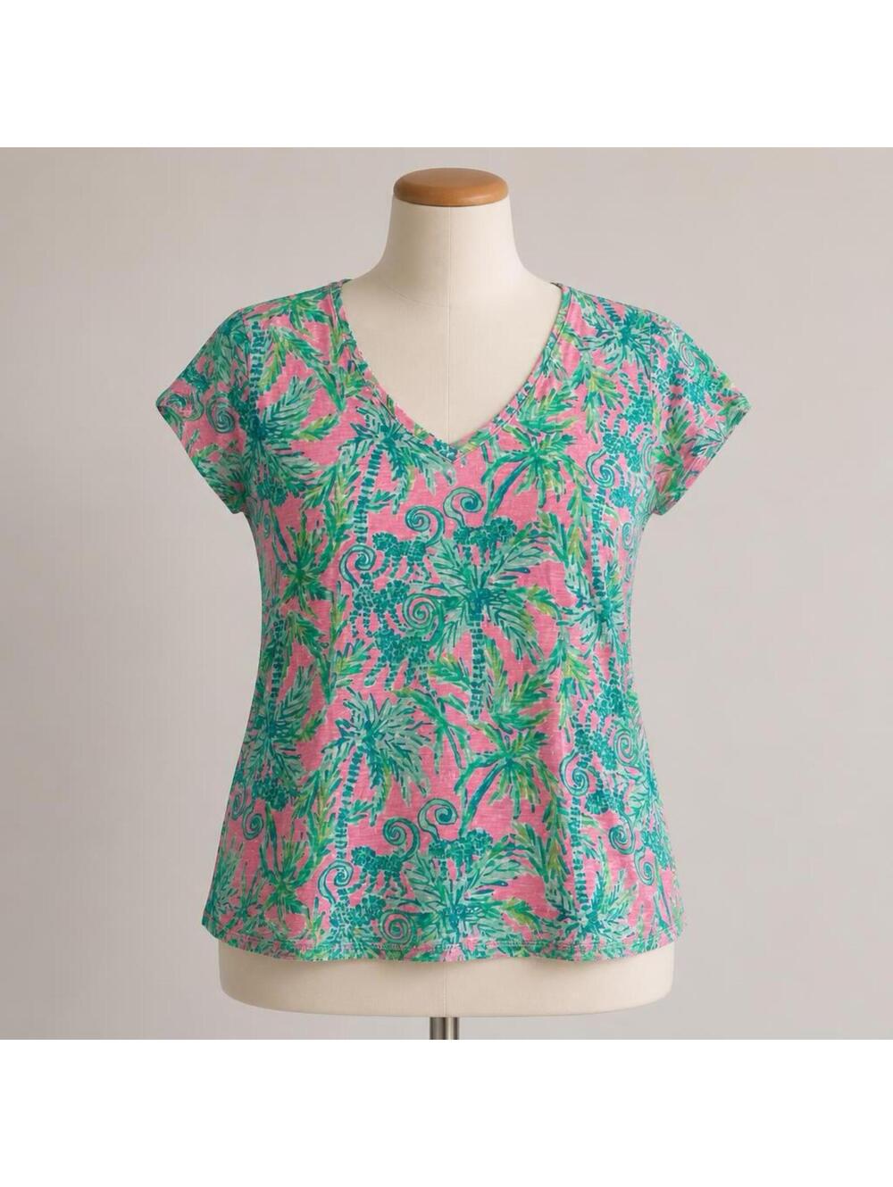 Lilly Pulitzer Etta Top Tropical Print Cotton V-Neck T-Shirt XXL